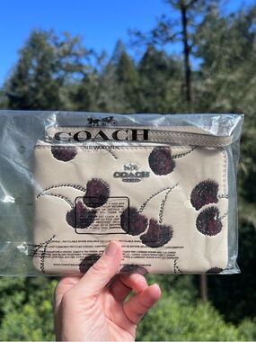 COACH Corner Zip Leather Wristlet With Sequin Cherry Print CDF05 NWT